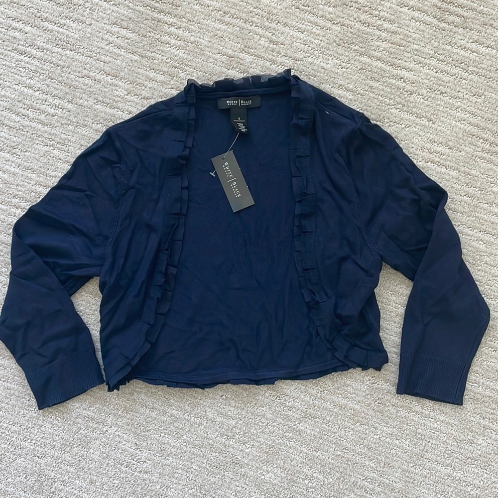 White House Black Market NWT shrug with ruffle trim - navy, size S